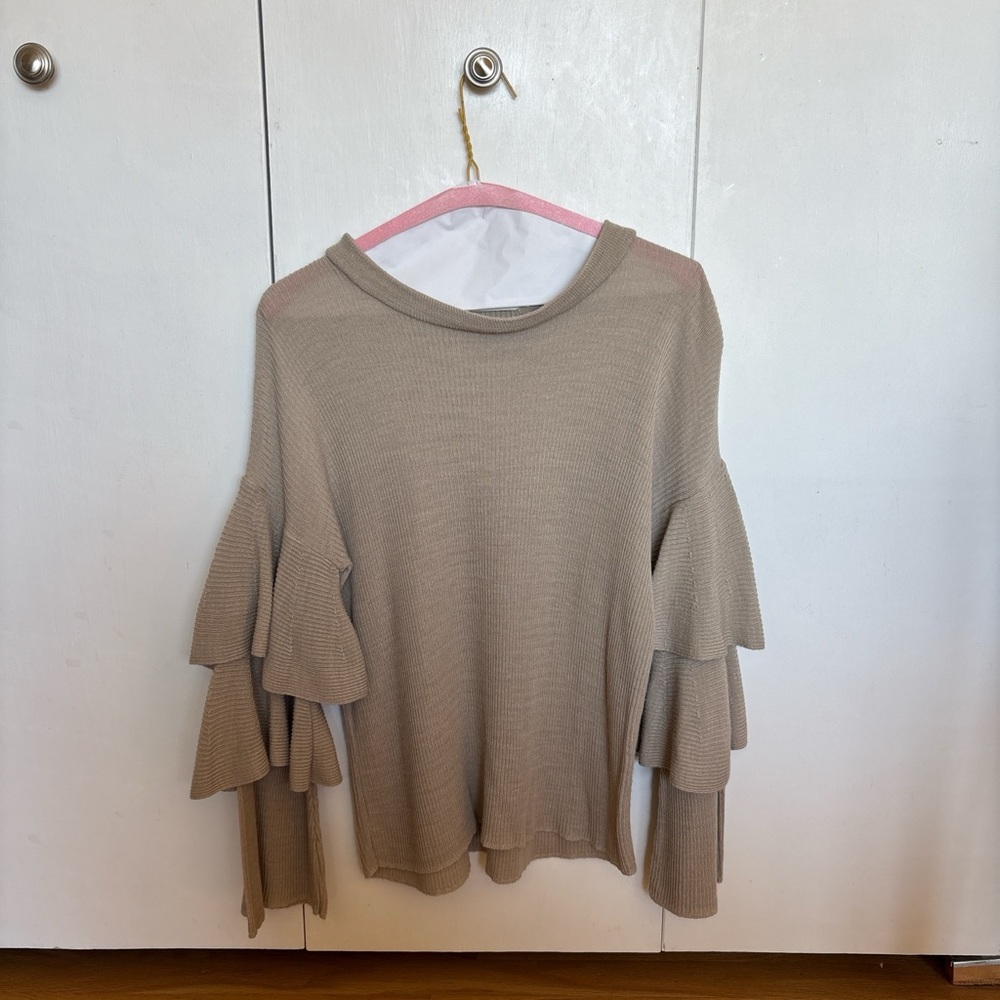 Cotton Emporium Beige Tiered Ruffle Sleeve Sweatshirt